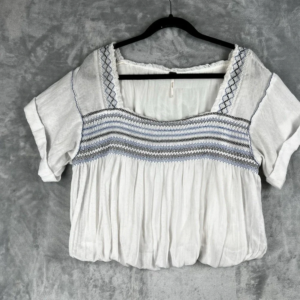 Free People Top Y2k Boho Medium Peasant Embroidered  Ruffle Prairie Crop